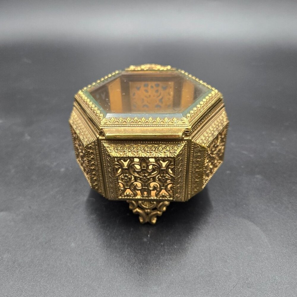 Vintage Ornate Brass & Glass Hexagon Jewelry Box with Filigree Detailing